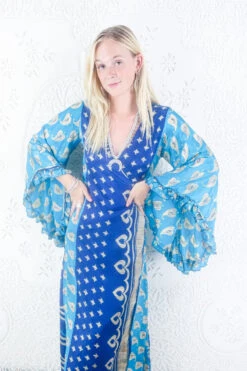 Venus Maxi Dress - Vintage Sari - Button Blue & Indigo Paisley Motif - Size S