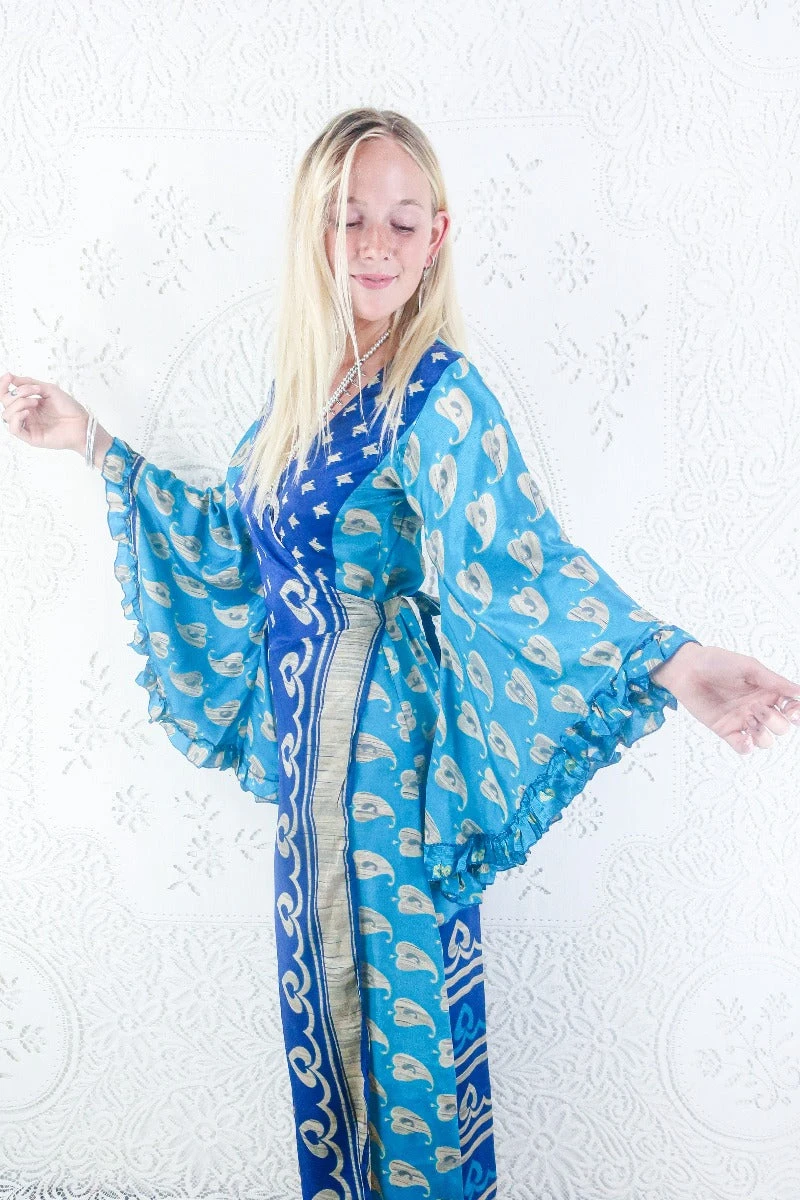 Venus Maxi Dress - Vintage Sari - Button Blue & Indigo Paisley Motif - Size S 2 Venus Maxi Dress - Vintage Sari - Button Blue & Indigo Paisley Motif - Size S - Image 2