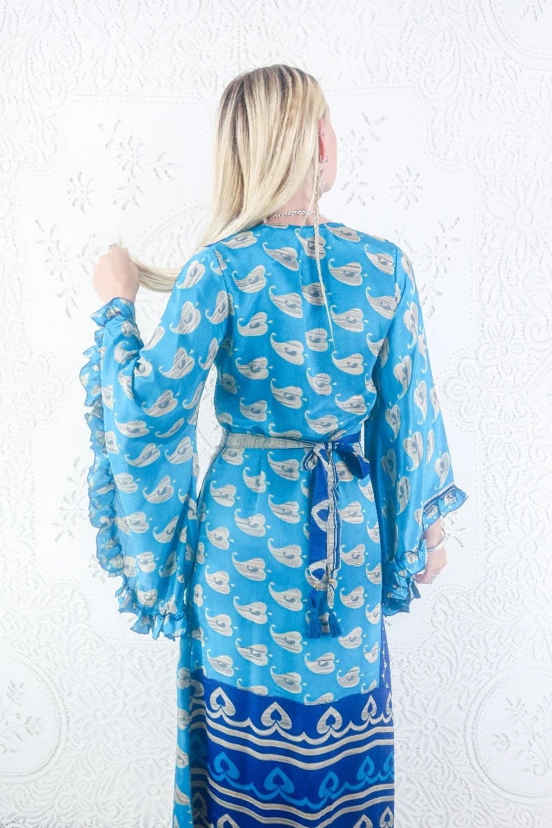 Venus Maxi Dress - Vintage Sari - Button Blue & Indigo Paisley Motif - Size S 3 Venus Maxi Dress - Vintage Sari - Button Blue & Indigo Paisley Motif - Size S - Image 3