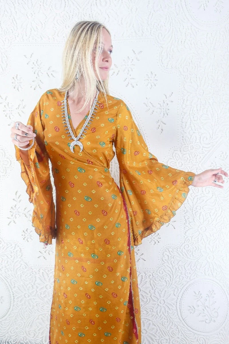 SALE Venus Maxi Dress - Vintage Sari - Mango Yellow Polka Dot Motif - Size L/XL 2 SALE Venus Maxi Dress - Vintage Sari - Mango Yellow Polka Dot Motif - Size L/XL - Image 2