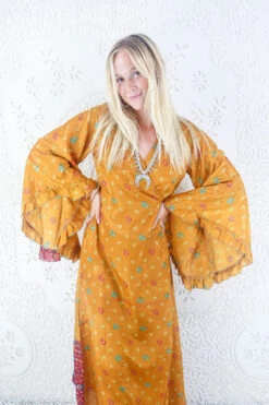 SALE Venus Maxi Dress - Vintage Sari - Mango Yellow Polka Dot Motif - Size L/XL