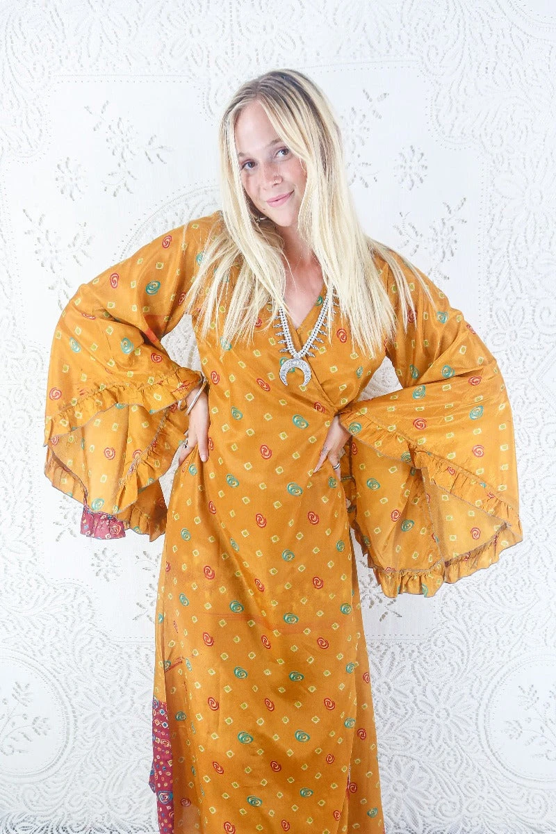 SALE Venus Maxi Dress - Vintage Sari - Mango Yellow Polka Dot Motif - Size L/XL 1 SALE Venus Maxi Dress - Vintage Sari - Mango Yellow Polka Dot Motif - Size L/XL