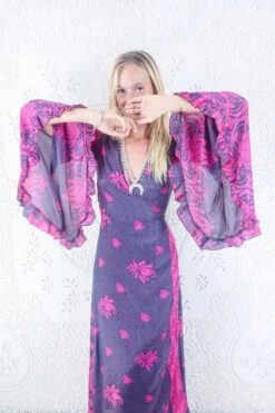 Venus Maxi Dress - Vintage Sari - Heather & Bright Magenta Blossom - Size XS