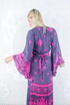 Venus Maxi Dress - Vintage Sari - Heather & Bright Magenta Blossom - Size XS -KIKIS Clothing Shop model wearing boho frilly bell sleeve maxi dress hippie long sleeve wrap dress handmade from recycled vintage 1970s indian sari by all about audrey 70