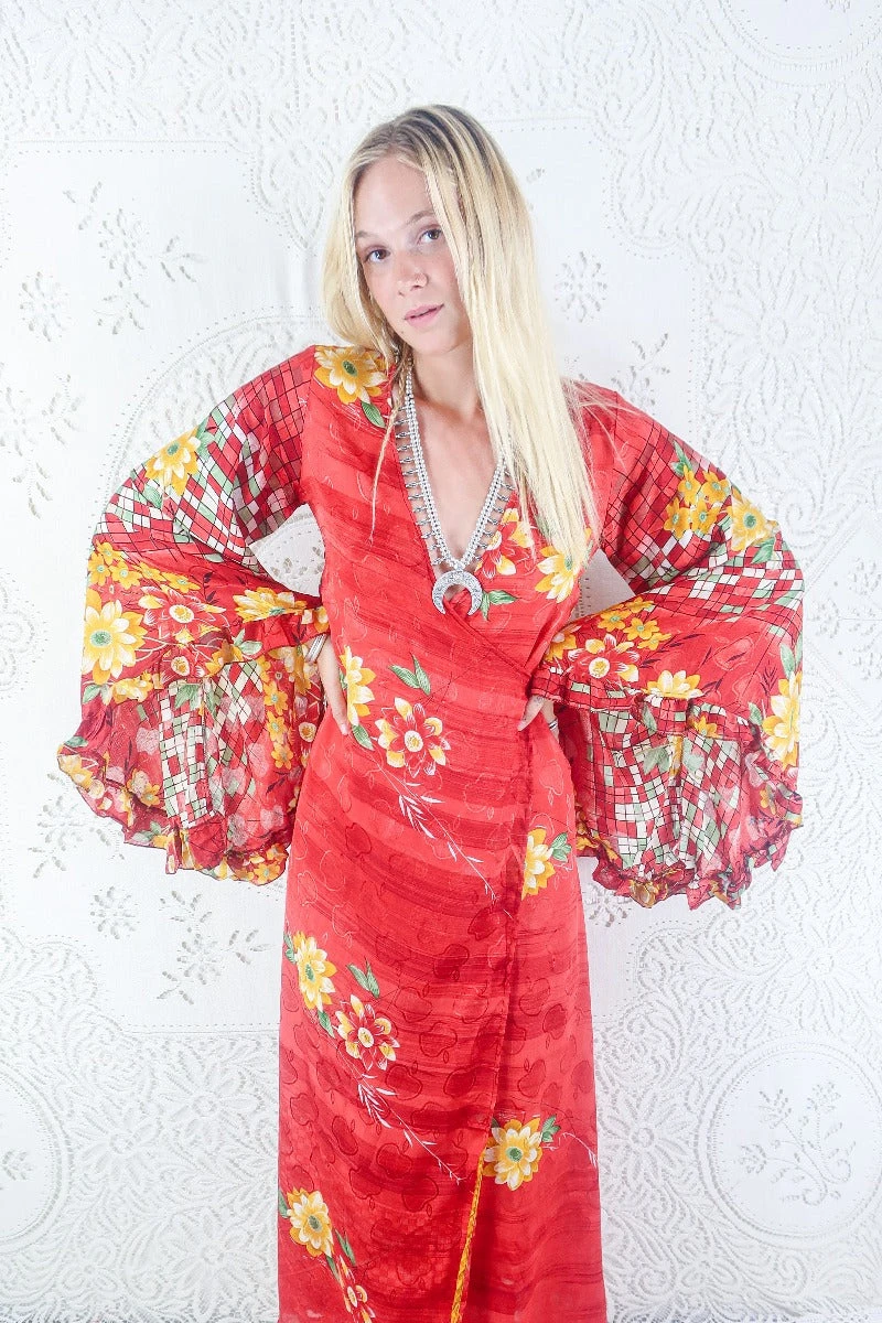 Venus Maxi Dress - Vintage Sari - Cherry Red, Sage & Sun Floral Apple Print - Size XS 2 Venus Maxi Dress - Vintage Sari - Cherry Red, Sage & Sun Floral Apple Print - Size XS - Image 2