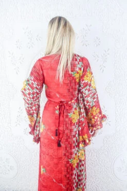Venus Maxi Dress - Vintage Sari - Cherry Red, Sage & Sun Floral Apple Print - Size XS 5 Venus Maxi Dress - Vintage Sari - Cherry Red, Sage & Sun Floral Apple Print - Size XS -KIKIS Clothing Shop model wearing boho frilly bell sleeve maxi dress hippie long sleeve wrap dress handmade from recycled vintage 1970s indian sari by all about audrey 73
