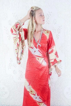 Venus Maxi Dress - Vintage Sari - Crimson Floral Fade - Size S -KIKIS Clothing Shop model wearing boho frilly bell sleeve maxi dress hippie long sleeve wrap dress handmade from recycled vintage 1970s indian sari by all about audrey 74