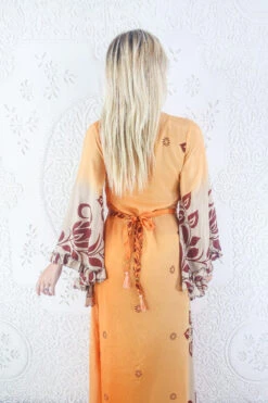 Venus Maxi Dress - Vintage Sari - Apricot Tree - Size XS 5 Venus Maxi Dress - Vintage Sari - Apricot Tree - Size XS -KIKIS Clothing Shop model wearing boho frilly bell sleeve maxi dress hippie long sleeve wrap dress handmade from recycled vintage 1970s indian sari by all about audrey 79