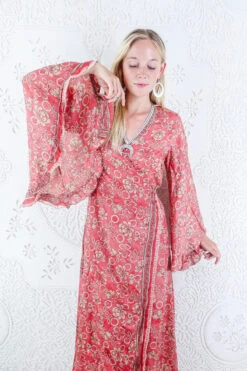 Venus Maxi Dress - Vintage Sari - Blush Pink & Vanilla Retro Floral - Size L/XL