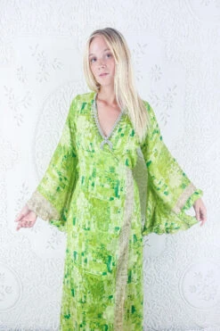 Venus Maxi Dress - Vintage Sari - Chartreuse Green & Pine Abstract - Size L/XL