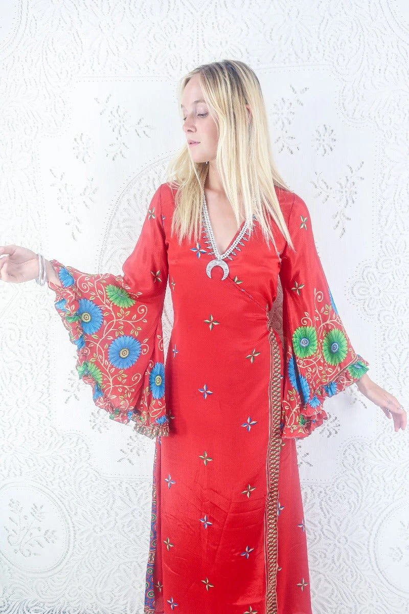 Venus Maxi Dress - Vintage Sari - Scarlet, Sky & Lime Floral - Size S 2 Venus Maxi Dress - Vintage Sari - Scarlet, Sky & Lime Floral - Size S - Image 2