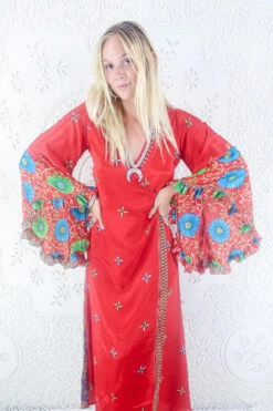 Venus Maxi Dress - Vintage Sari - Scarlet, Sky & Lime Floral - Size S