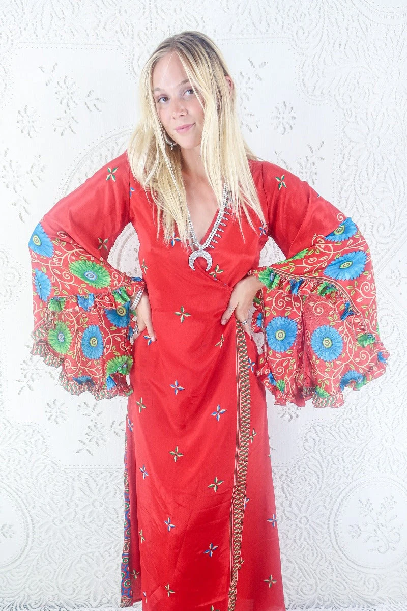 Venus Maxi Dress - Vintage Sari - Scarlet, Sky & Lime Floral - Size S 1 Venus Maxi Dress - Vintage Sari - Scarlet, Sky & Lime Floral - Size S