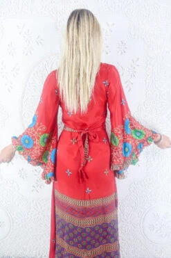 Venus Maxi Dress - Vintage Sari - Scarlet, Sky & Lime Floral - Size S 6 Venus Maxi Dress - Vintage Sari - Scarlet, Sky & Lime Floral - Size S -KIKIS Clothing Shop model wearing boho frilly bell sleeve maxi dress hippie long sleeve wrap dress handmade from recycled vintage 1970s indian sari by all about audrey 88