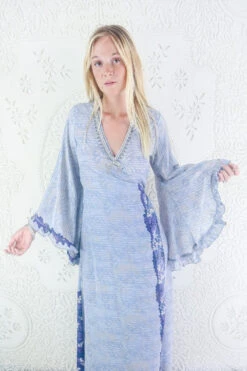 Venus Maxi Dress - Vintage Sari - Stormy Silver & Violet - Size M/L