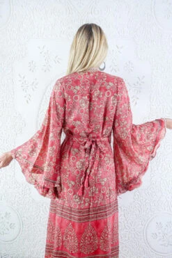 Venus Maxi Dress - Vintage Sari - Blush Pink & Vanilla Retro Floral - Size L/XL -KIKIS Clothing Shop model wearing boho frilly bell sleeve maxi dress hippie long sleeve wrap dress handmade from recycled vintage 1970s indian sari by all about audrey 9