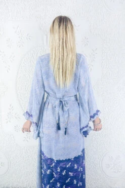 Venus Maxi Dress - Vintage Sari - Stormy Silver & Violet - Size M/L 5 Venus Maxi Dress - Vintage Sari - Stormy Silver & Violet - Size M/L -KIKIS Clothing Shop model wearing boho frilly bell sleeve maxi dress hippie long sleeve wrap dress handmade from recycled vintage 1970s indian sari by all about audrey 91