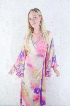 Venus Maxi Dress - Vintage Sari - Pink Sky, Gold & Violet Floral - Size S/M