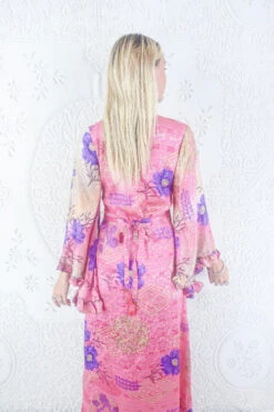 Venus Maxi Dress - Vintage Sari - Pink Sky, Gold & Violet Floral - Size S/M -KIKIS Clothing Shop model wearing boho frilly bell sleeve maxi dress hippie long sleeve wrap dress handmade from recycled vintage 1970s indian sari by all about audrey 97