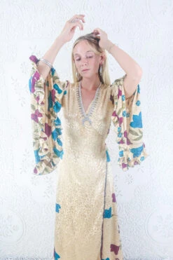 Venus Maxi Dress - Vintage Sari - Sandstone Shimmer Floral - Size S/M