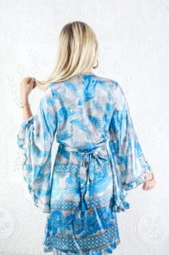 Venus Vintage Sari Midi Dress - Silver & Azure Blue Fern Floral - Size L/XL -KIKIS Clothing Shop model wearing boho frilly bell sleeve midi dress hippie long sleeve short wrap dress handmade from recycled vintage 1970s indian sari by all about audrey 12