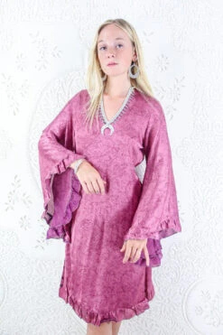 Venus Vintage Sari Midi Dress - Dark Mauve Wildflower - Size M/L