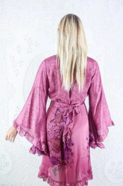 Venus Vintage Sari Midi Dress - Dark Mauve Wildflower - Size M/L -KIKIS Clothing Shop model wearing boho frilly bell sleeve midi dress hippie long sleeve short wrap dress handmade from recycled vintage 1970s indian sari by all about audrey 15