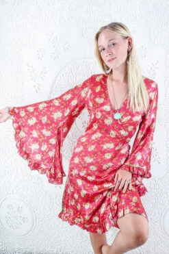 Venus Vintage Sari Midi Dress - Cerise Pink & Gold Wildflower - Size S/M