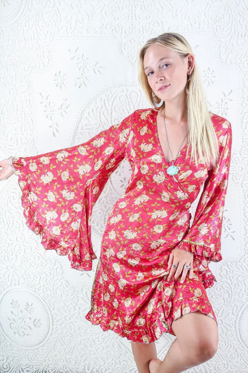 Venus Vintage Sari Midi Dress - Cerise Pink & Gold Wildflower - Size S/M 1 Venus Vintage Sari Midi Dress - Cerise Pink & Gold Wildflower - Size S/M