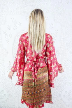 Venus Vintage Sari Midi Dress - Cerise Pink & Gold Wildflower - Size S/M 7 Venus Vintage Sari Midi Dress - Cerise Pink & Gold Wildflower - Size S/M -KIKIS Clothing Shop model wearing boho frilly bell sleeve midi dress hippie long sleeve short wrap dress handmade from recycled vintage 1970s indian sari by all about audrey 18