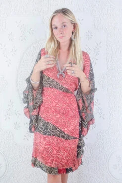 Venus Vintage Sari Midi Dress - Midnight & Rosehip Swirl - Size S/M