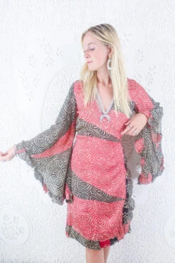 KIKIS Clothing Shop -KIKIS Clothing Shop model wearing boho frilly bell sleeve midi dress hippie long sleeve short wrap dress handmade from recycled vintage 1970s indian sari by all about audrey 23
