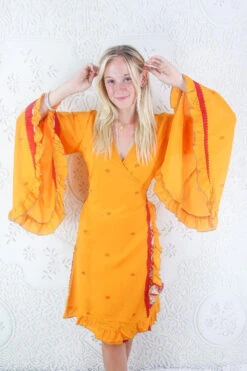 SALE Venus Vintage Sari Midi Dress - Saffron & Crimson Paisley - Size S/M