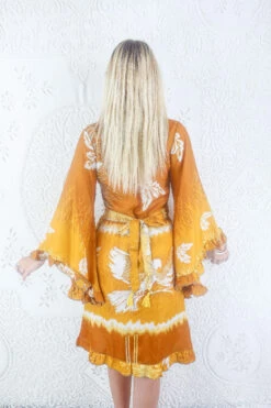 Venus Vintage Sari Midi Dress - Ochre Yellow Leaf & Bird Print - Size S -KIKIS Clothing Shop model wearing boho frilly bell sleeve midi dress hippie long sleeve short wrap dress handmade from recycled vintage 1970s indian sari by all about audrey 36