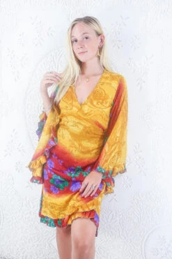 Venus Vintage Sari Midi Dress - Earth Tone Sunset & Jade Floral - Size S