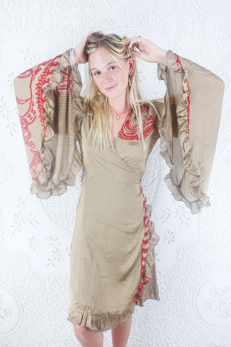 Venus Vintage Sari Midi Dress - Bronze & Crimson Abstract Rococo - Size M/L 1 Venus Vintage Sari Midi Dress - Bronze & Crimson Abstract Rococo - Size M/L