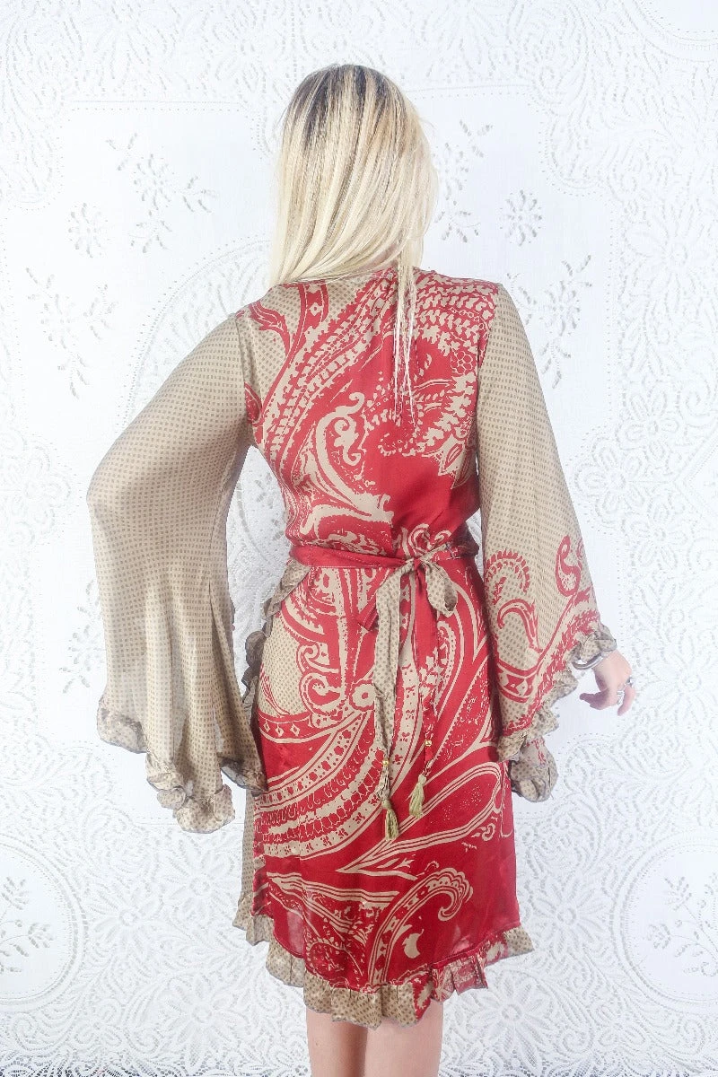 Venus Vintage Sari Midi Dress - Bronze & Crimson Abstract Rococo - Size M/L 2 Venus Vintage Sari Midi Dress - Bronze & Crimson Abstract Rococo - Size M/L - Image 2