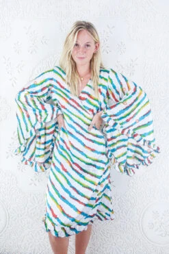 Venus Vintage Sari Midi Dress - Salt White & Stripe Embroidered Flowers - Size M/L