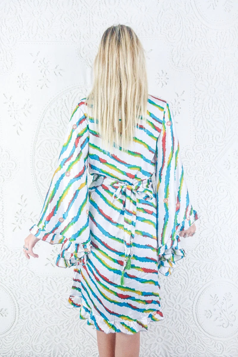 Venus Vintage Sari Midi Dress - Salt White & Stripe Embroidered Flowers - Size M/L 3 Venus Vintage Sari Midi Dress - Salt White & Stripe Embroidered Flowers - Size M/L - Image 3