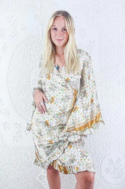 Venus Vintage Sari Midi Dress - Pearl White & Mustard Elephant Print - Size S/M