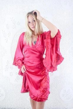 Venus Vintage Sari Midi Dress - Spicy Pink Brocade Print - Size S/M