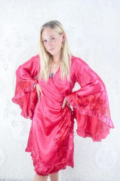 KIKIS Clothing Shop -KIKIS Clothing Shop model wearing boho frilly bell sleeve midi dress hippie long sleeve short wrap dress handmade from recycled vintage 1970s indian sari by all about audrey 67