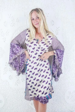 Venus Vintage Sari Midi Dress - Ivory & Royal Purple Paisley - Size S/M