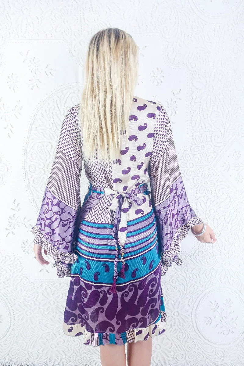 Venus Vintage Sari Midi Dress - Ivory & Royal Purple Paisley - Size S/M 3 Venus Vintage Sari Midi Dress - Ivory & Royal Purple Paisley - Size S/M - Image 3