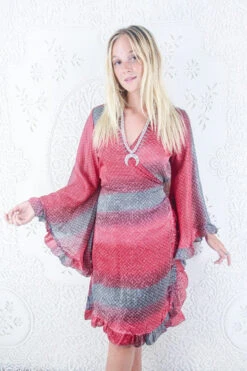 SALE Venus Vintage Sari Midi Dress - Cherry Red & Slate Batik Effect - Size S/M