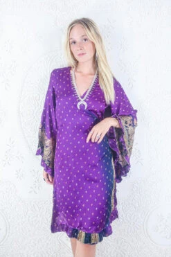 Venus Vintage Sari Midi Dress - Pansy Purple & Gold Ornate Paisley - Size M/L