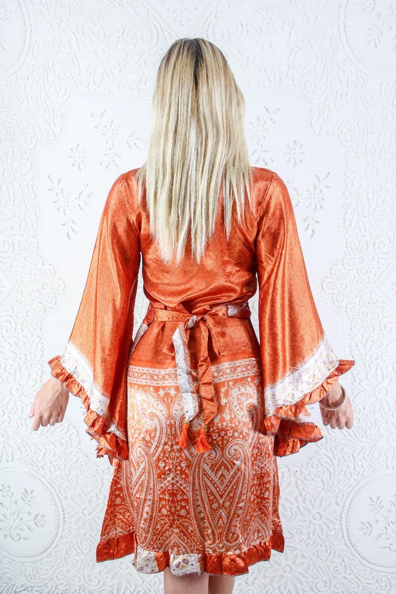 Venus Vintage Sari Midi Dress - Burnt Orange & Pearl Floral Tile - Size S/M 3 Venus Vintage Sari Midi Dress - Burnt Orange & Pearl Floral Tile - Size S/M - Image 3