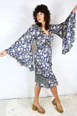Venus Vintage Sari Midi Dress - Indigo Blue & Cream Wildflower Block Print - Size S/M