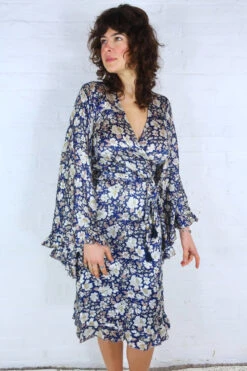 KIKIS Clothing Shop -KIKIS Clothing Shop model wearing venus midi dress wide frilly butterfly sleeves handmade vintage indian sari size sm all about audrey 15