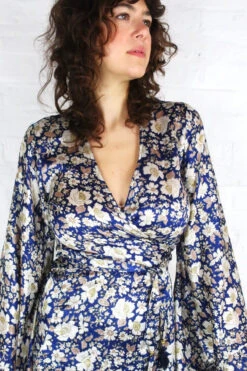 Venus Vintage Sari Midi Dress - Indigo Blue & Cream Wildflower Block Print - Size S/M -KIKIS Clothing Shop model wearing venus midi dress wide frilly butterfly sleeves handmade vintage indian sari size sm all about audrey 16